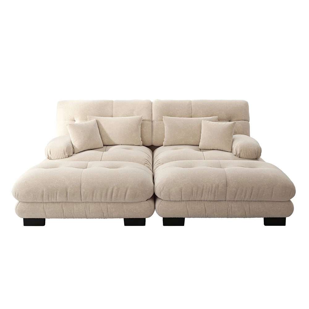 Divano angolare Cloud - Xylo - 2 posti in chenille con 2 cuscini lombari, 2 decorativi e 2 pouf, marrone chiaro