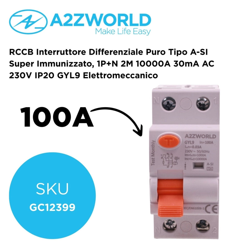 RCCB Interruttore Differenziale Puro Tipo A-SI Super Immunizzato, 1P+N 2M 10000A 30mA AC 230V IP20 GYL9 Elettromeccanico, Corrente Disponibili 25A 40A 63A 100A (100A)