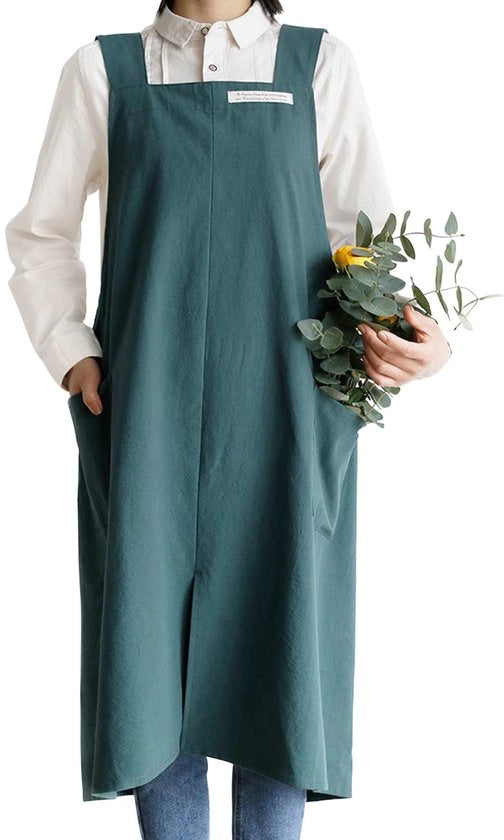 Schort in Lino Cotonato Stile Giapponese con Tasche e Cinturino per Donna e Uomo in Pelle di Cane Plus Size