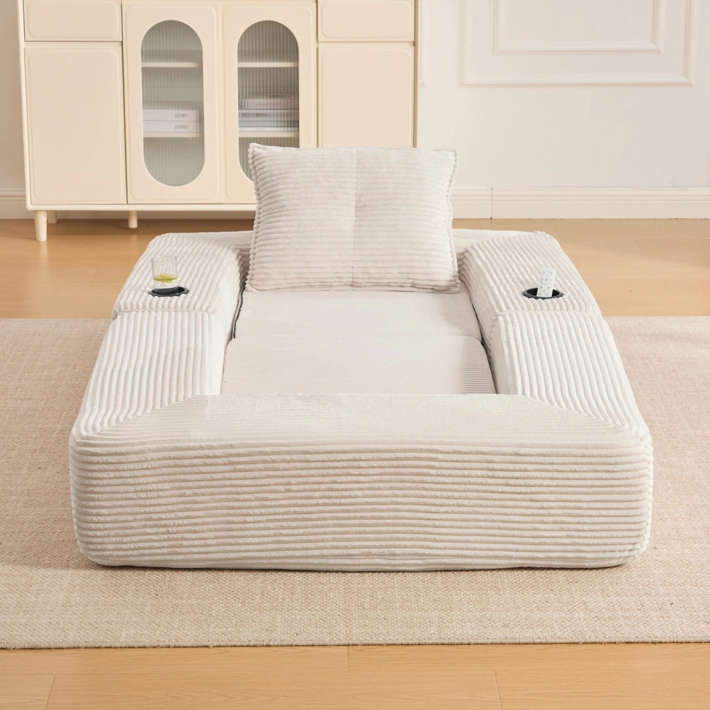Divano letto modulare 2 posti - con tasche laterali e portabicchieri - in cord beige