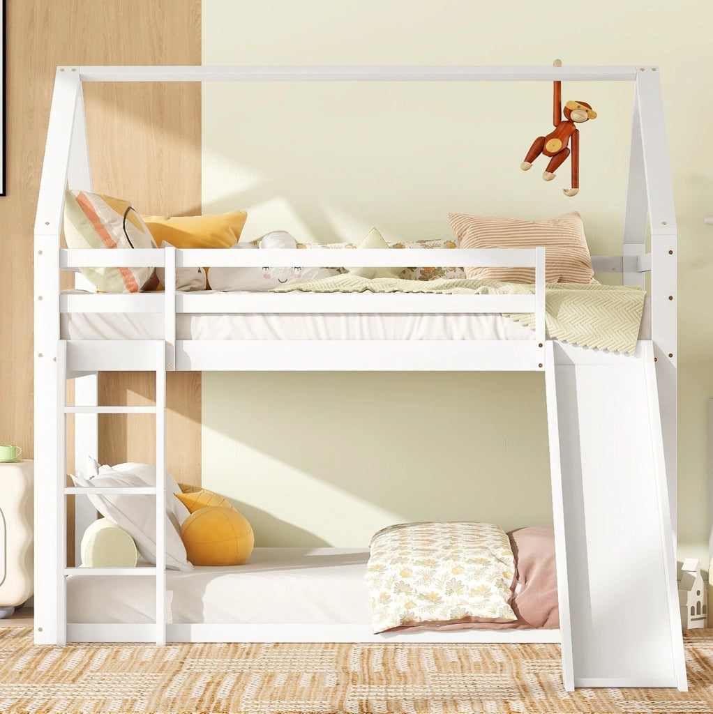 Letto a castello a casetta 90x200 cm con scivolo e scala, bianco