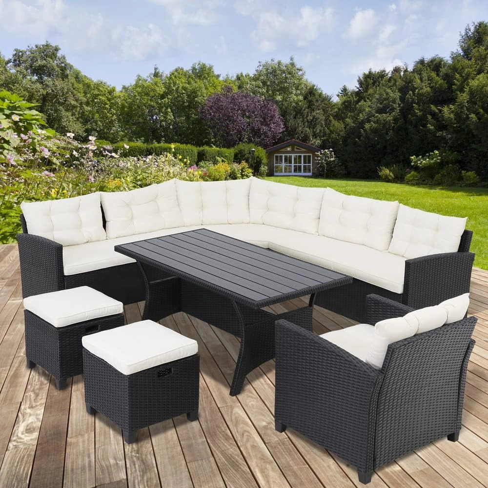 Gruppo Mobili da Esterno Giardino Polyrattan Salottino Lounge in WPC Tavolo Panca Angolo Sgabello Poltrona 9 Persone