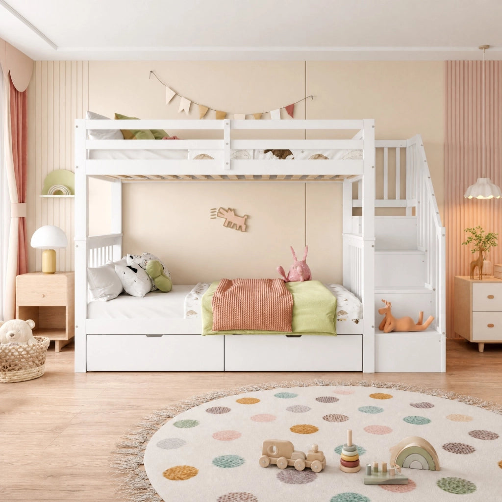 LETTO a castello con scala e 2 cassetti 90x200 cm in pino e MDF bianco