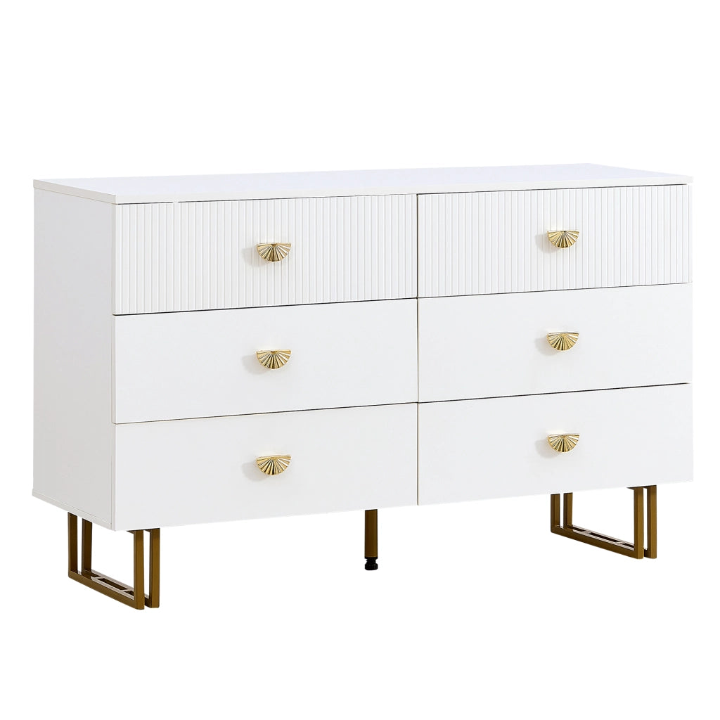 Credenza con 6 Cassetti; Maniglie in Lega di Zinco e Gambe in Acciaio; Moderna; in MDF; Bianco; 120??40??75 cm