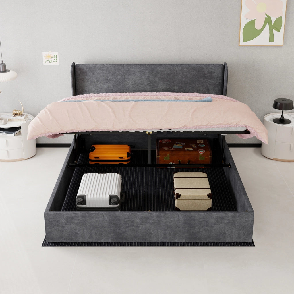 Letto Matrimoniale 160x200 cm; Testiera Imbottita; in Tessuto e Metallo; Grigio