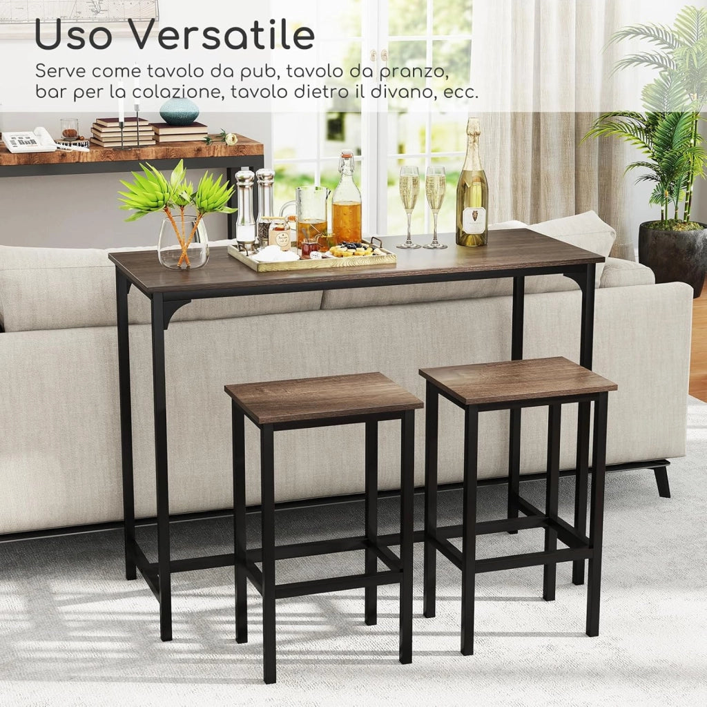 Tavolo con 2 Sgabelli in Metallo e Legno, Set da Pranzo 3 Pezzi, Tavolo Rettangolare da Cucina con 2 Sedie per Sala da Pranzo, Appartamento e Bistro, Stile Retrò (Grigio)