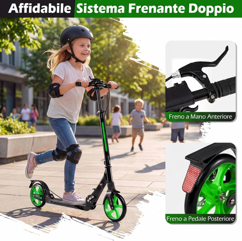 Monopattino Bambini e Adulti, Monopattino a Spinta Pieghevole e Regolabile in 3 Altezze, Monopattino Portatile con 2 Ruote, Cavalletto, Freno e Pedale Antiscivolo, Portata 100 kg
