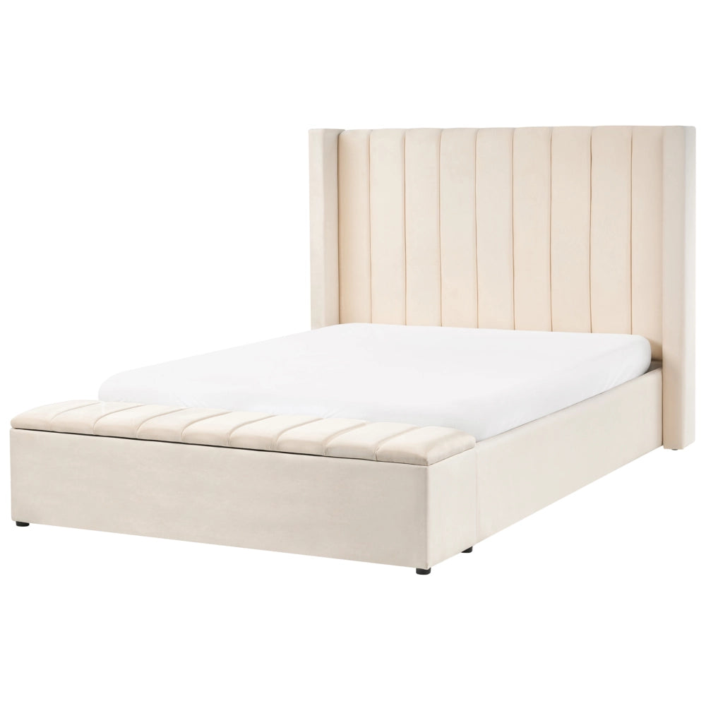 Letto matrimoniale ad acqua in velluto bianco sporco con pratica cassapanca 140 x 200 cm moderno glam morbido materasso camera da letto