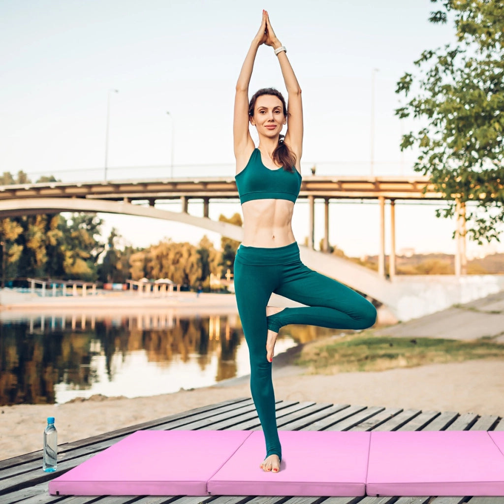 Tappetino da ginnastica con 2 maniglie 4 pannelli, Materassino pieghevole per yoga fitness allenamento Rosa