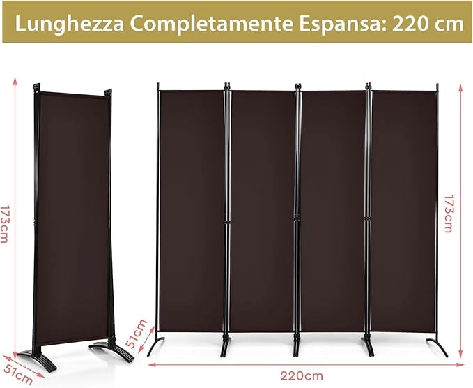 Paravento da Interno in Metallo, Separé Divisorio Interno Pieghevole con Piedini Stabili, Pannelli Divisori per Interni per Casa e Ufficio (Marrone, 220 x 173 cm (4 Pannelli))