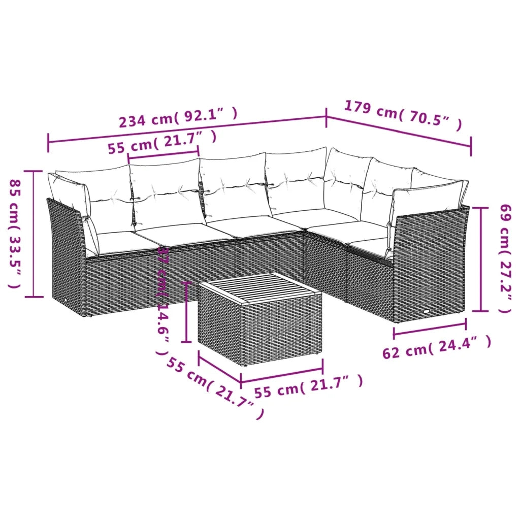 Set Divani da Giardino 7 pz con Cuscini Beige in Polyrattan