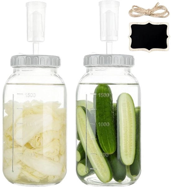 Fermentazione in vetro 2 Litri - 2 Pezzi - Con valvola di aspirazione - Coperchio a vite - Vetro sicuro per alimenti - Per kimchi/zucchero di mele/kombucha - Fermentatore