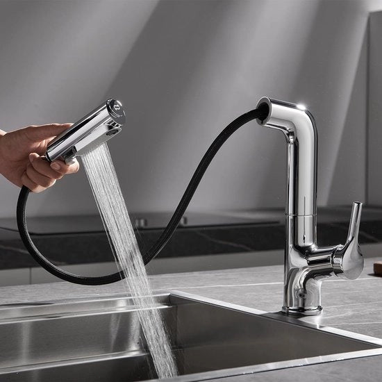 Kraan da cucina con 3 tipi di getto, miscelatore da cucina estraibile con maniglia 360° girevole, miscelatore da cucina a getto ad alta pressione, da cucina a forma L in acciaio inox.