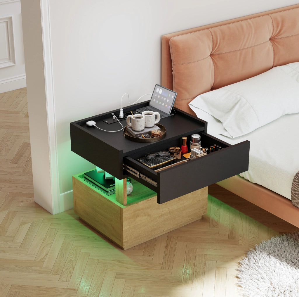 Comodino con ricarica wireless; USB; LED regolabile; 2 cassetti; 50 x 40 x 50 cm; nero e naturale