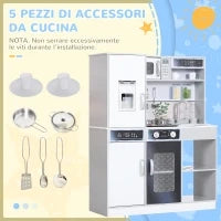 Set Cucina Giocattolo in Legno con Fornello, Luci e Suoni, Lavello con Circolo d'Acqua e Accessori, Bianco