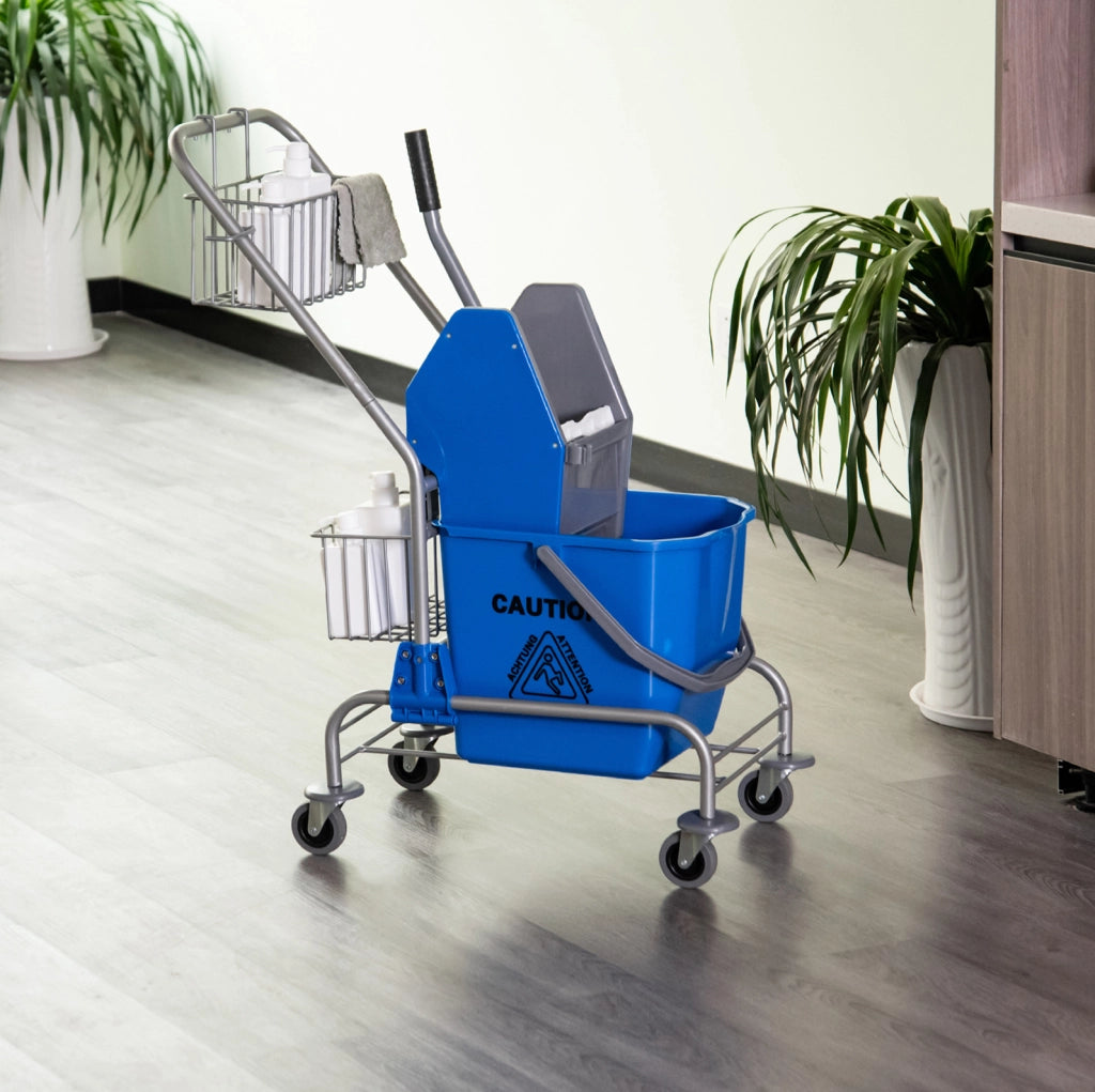 Carrello per pulizie blu 26 L con strizzatore, cestelli e ruote