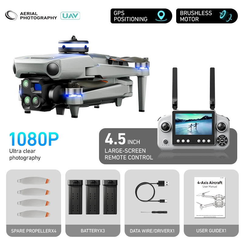 Drone con telecamera PT50 1080P GPS 3 batterie 3.7V 2700mAh 57 min schermo 4.5 zoom 5x doppia camera evitatore ostacoli 90 gradi pieghevole 14+ 300 mt