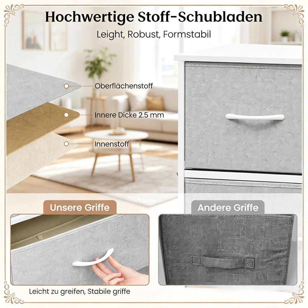 Cassettiera con 5 cassetti in tessuto e piano d'appoggio, per ingresso e soggiorno, 100 × 30 × 54 cm, grigio chiaro