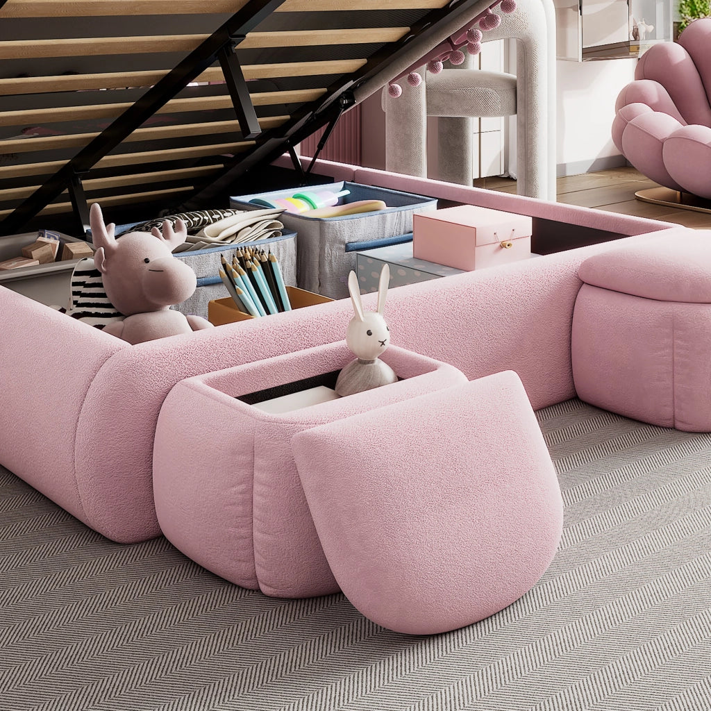 DESMIU Letto Contenitore Letto Matrimoniale con LED regolabile, 2 pouf contenitori e vano 140 × 200 cm senza materasso