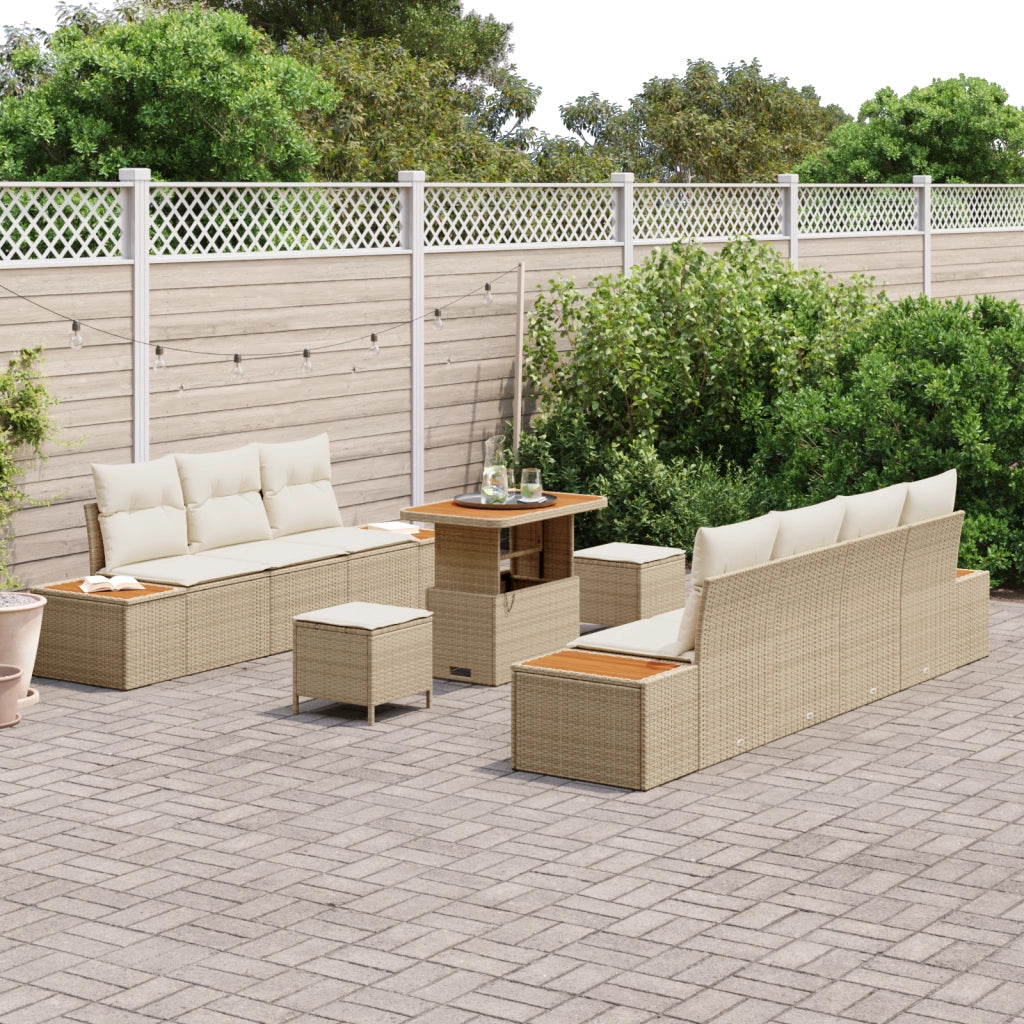 Set Divano Giardino 10 Pezzi con Cuscini Beige Polyrattan Acacia