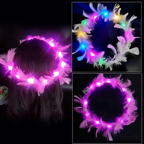 Fascia LED con piume - Fascia per capelli illuminata - Accessorio per capelli per feste - 10 luci LED - Diametro 20 cm