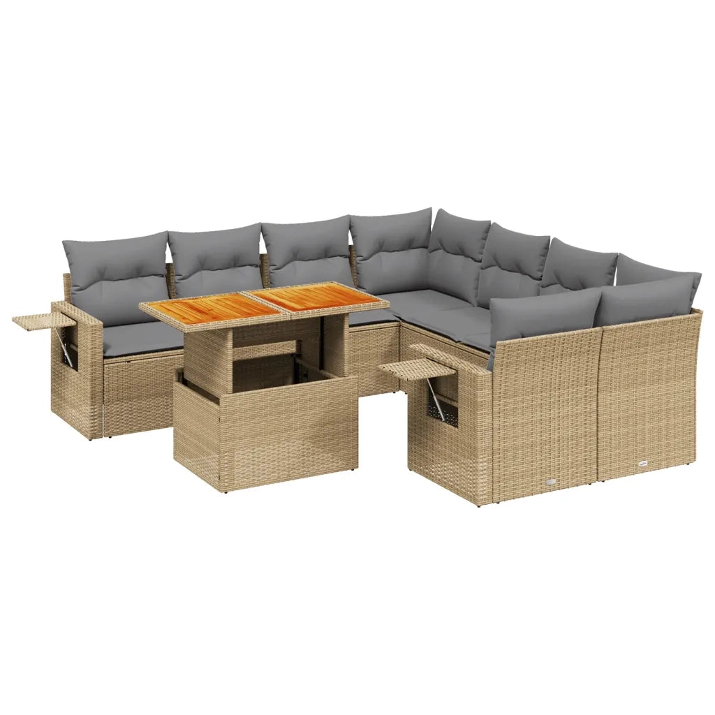 Set Divano da Giardino 9 pz con Cuscini Beige in Polyrattan
