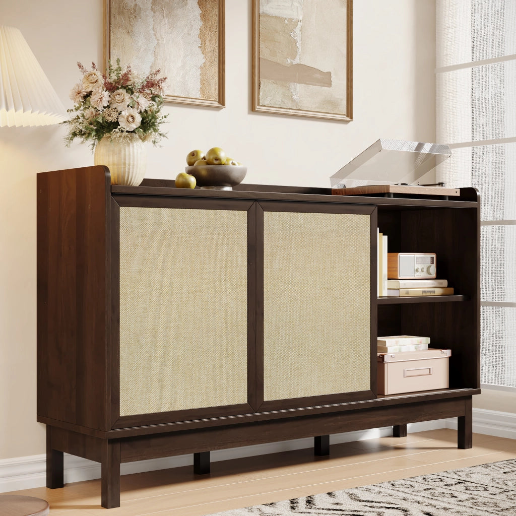 OKWISH Credenza con 2 Ante Scorrevoli e 2 Cassetti, Ripiani Regolabili, per Soggiorno e Sala da Pranzo, Naturale, 150×39,5×80 cm