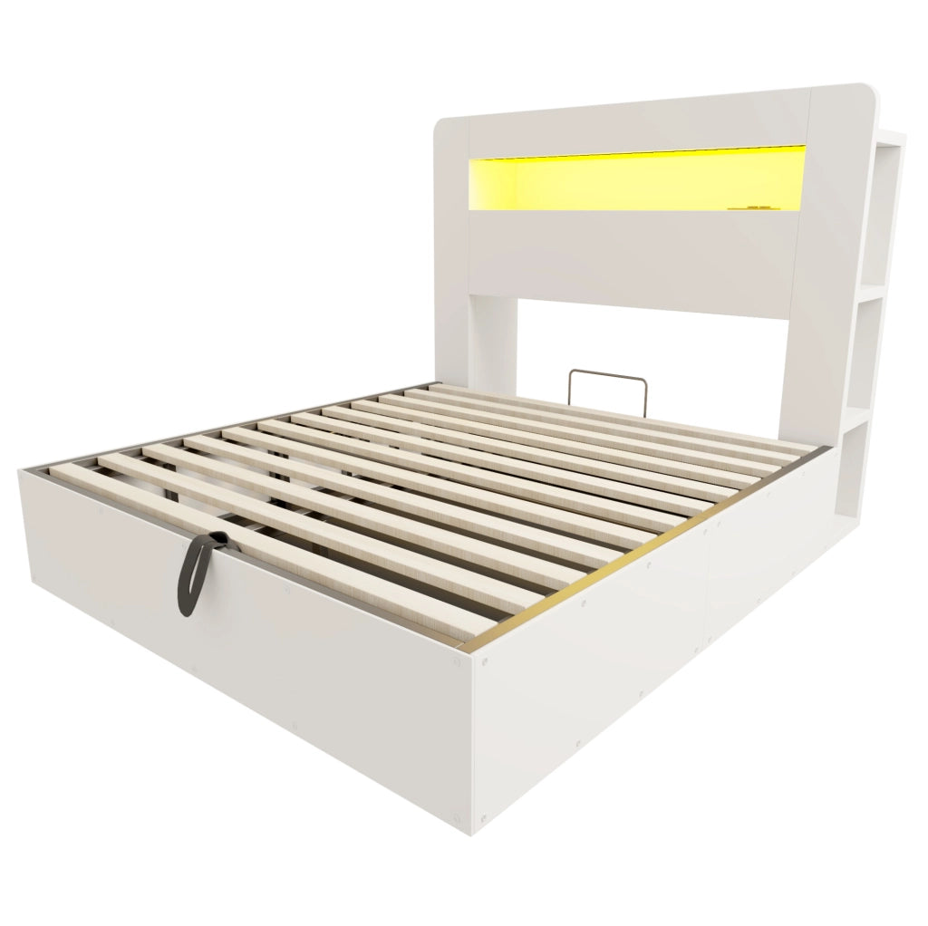 Letto contenitore matrimoniale 140x200 cm in legno bianco con sistema di sollevamento idraulico; LED e prese integrate