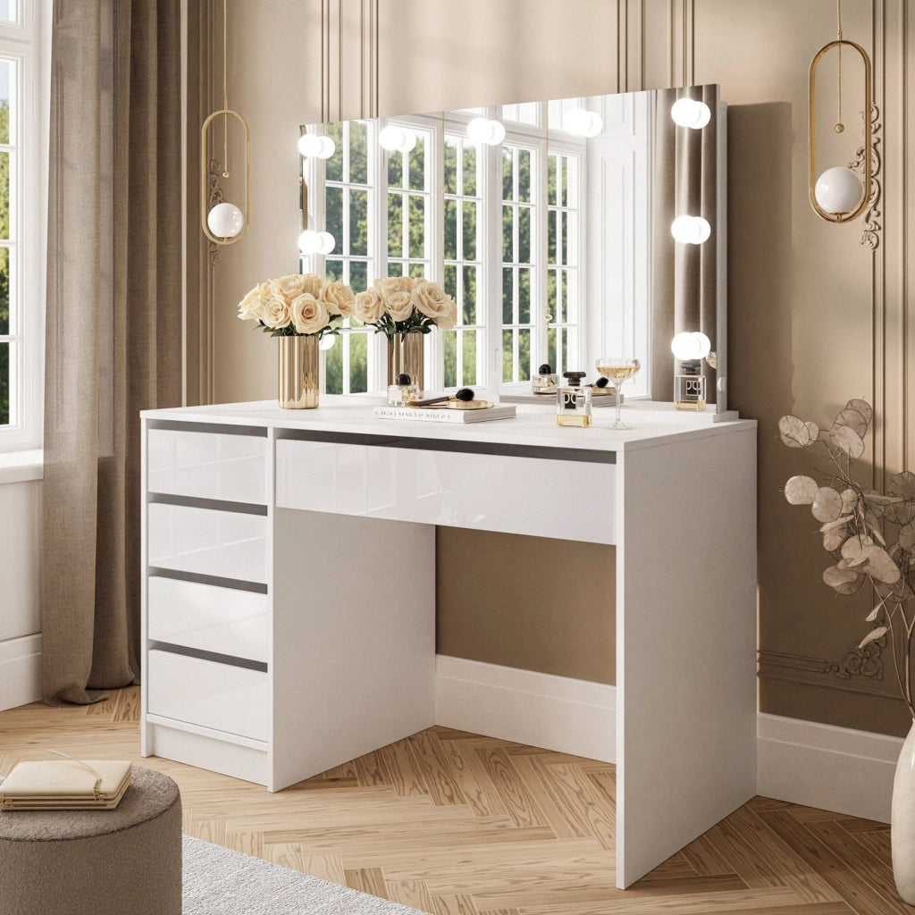 Lusiana, Scrivania 4 Cassetti, 120x55x143h cm Bianco Bianco Lucido