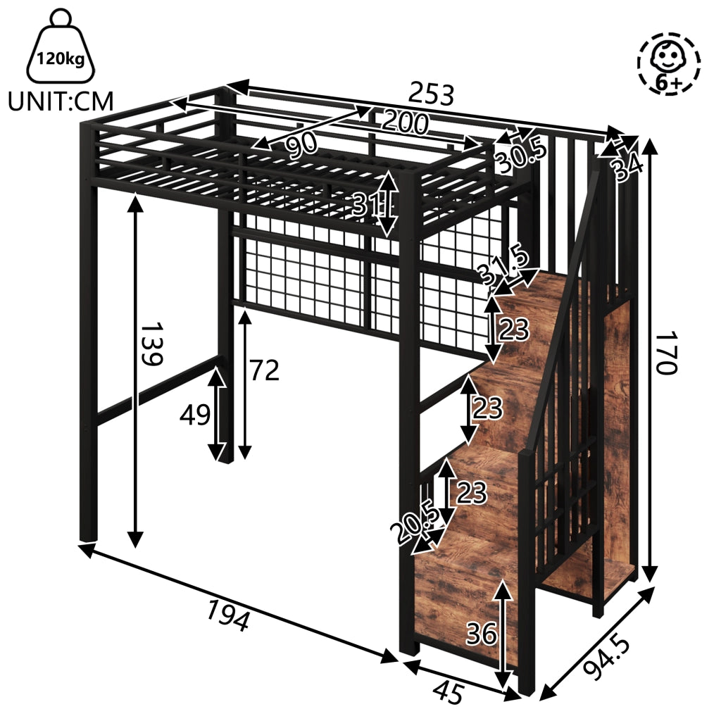 LETTO ALTO 90 x 200 cm con armadio, scala contenitore, LED, nero