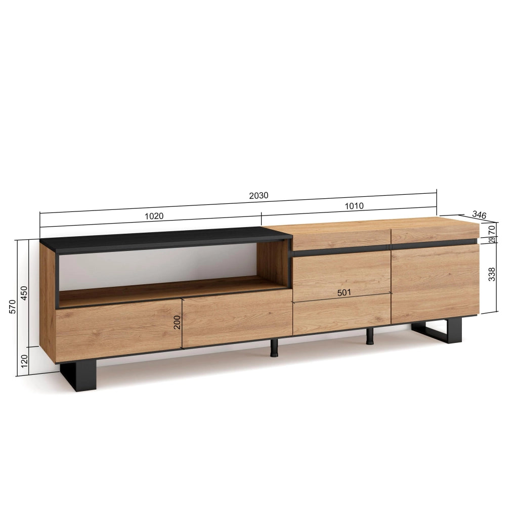 Mobile TV, 200x35x57cm, soggiorno, Per TV fino a 80", Design industriale, colore Rovere e nero RF2143