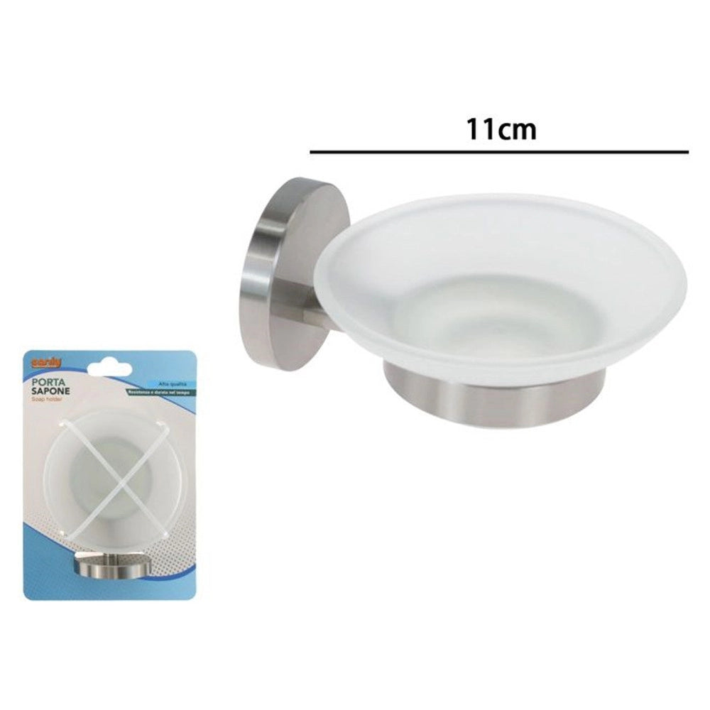 Trade Shop - Porta Sapone In Acciaio Satinato Con Piattino Vetro Satinato Accessori Da Bagno 87905 -
