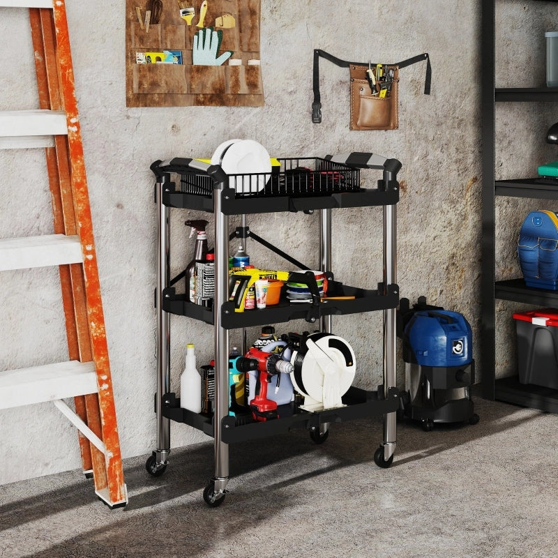 Carrello porta utensili pieghevole a 3 ripiani con ruote e maniglia, portata 68 kg, nero