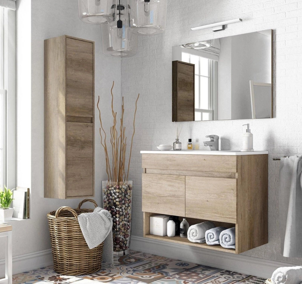 Mobiletto Sospeso Per Bagno In Legno Con 2 Ante Ripiani E Vani Aperti Lavabo In Ceramica E Specchio Moderno Nordico La Brea 80 X 45 X 64 Cm Rovere