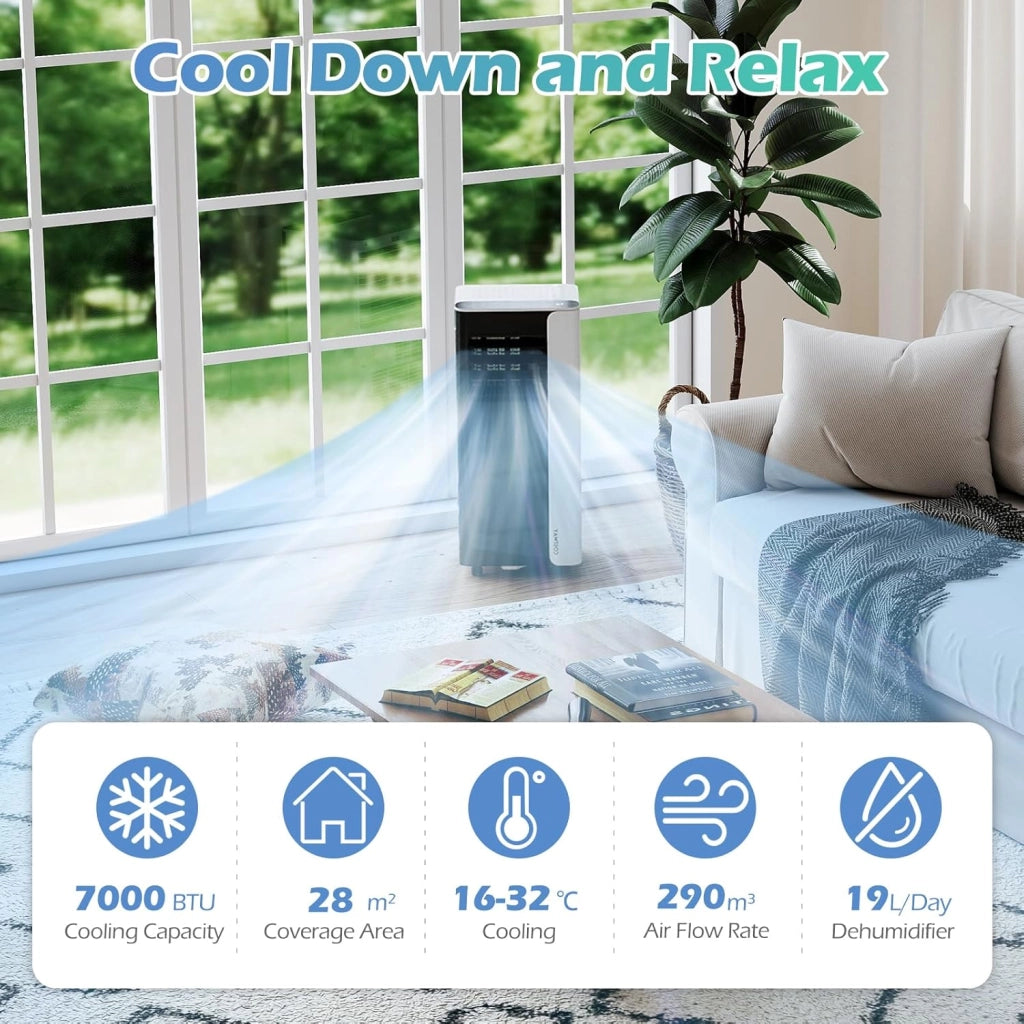 Condizionatore Portatile 7000BTU, Climatizzatore 3 in 1 Ventilatore, Deumidificatore e Raffreddatore, Controllo Intelligente con Display LED e Telecomando, Timer 24 Ore