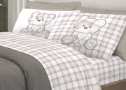 Completo Lenzuola Linea Pensieri Delicati 100% Cotone Orsetto Tartan Primavera - Matrimoniale - Beige