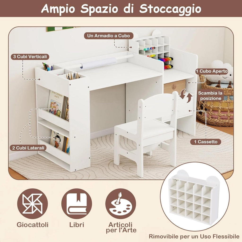 Set Tavolo e Sedia per Bambini 3+ con Porta Rotolo Carta Rimovibile | Scrivania Multifunzionale per Bambini con Mobile Cubo, Ripiani Laterali e Cassetto, Ideale per Lettura e Disegno