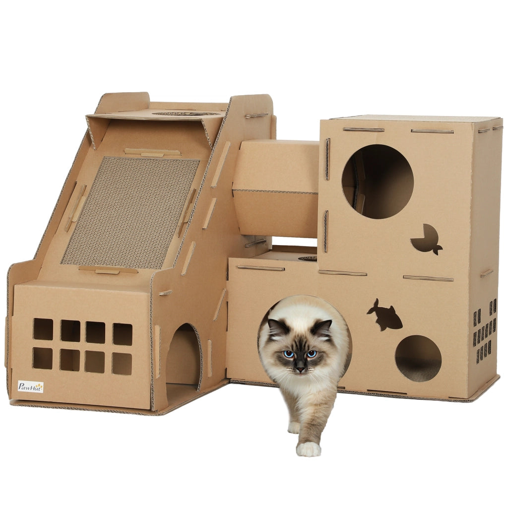 Casetta per Gatti a Forma di Castello con Rampa e Zona Graffi ¨C zephmum ¨C Marrone