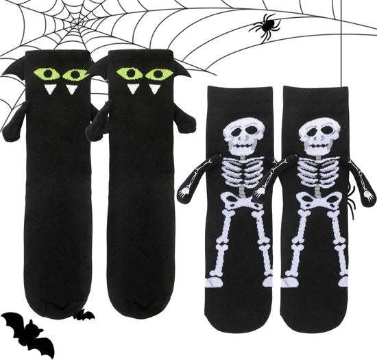 Calze Halloween da 2 Paia Calze Ridicoli Calze Halloween con Pipistrello e Ossa Calze Magnetici per Ragazzi e Ragazze Regalo per il Cosplay (Nero)