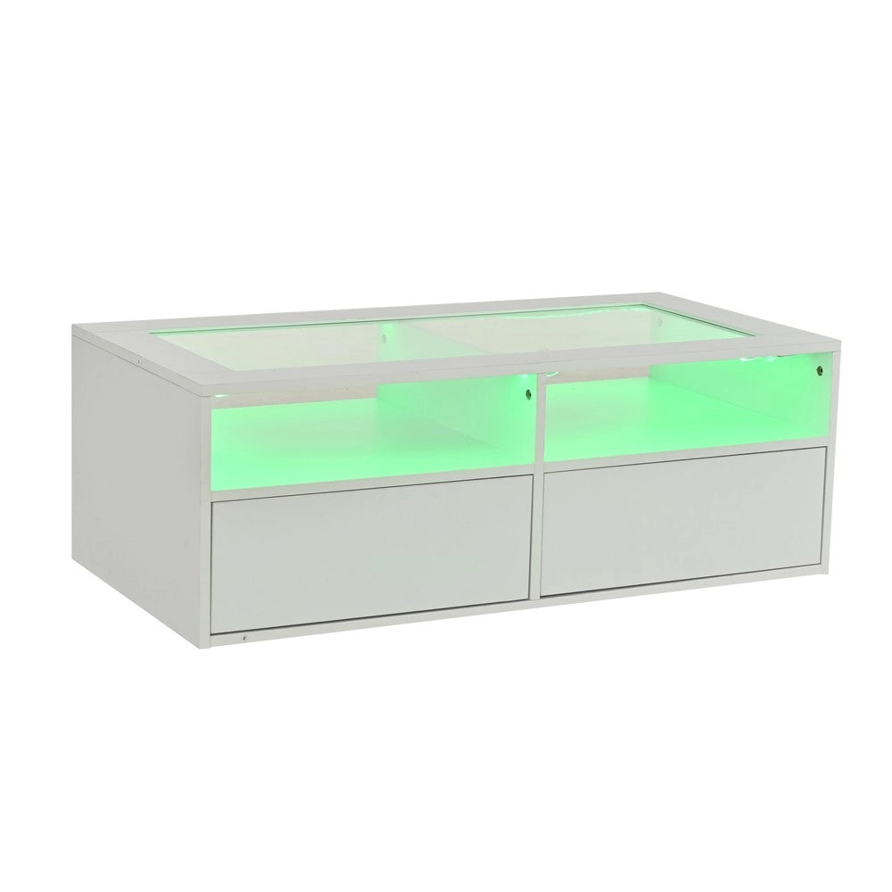 Tavolino da Caff¨¨ con LED e 2 Cassetti ¨C MINIMAL ¨C Vetro Bianco, Doppio Piano, 100x50x35