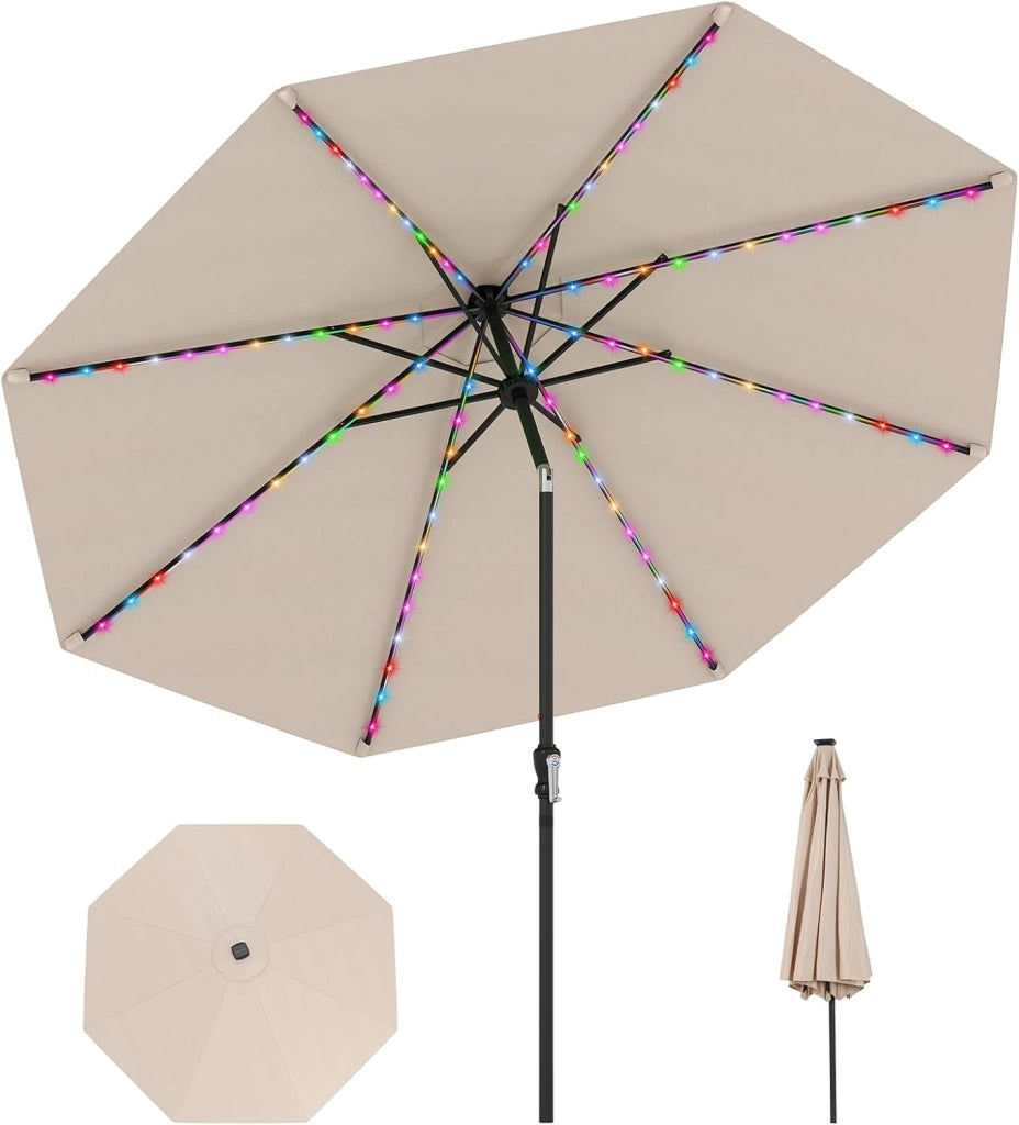 Ombrellone da Esterno 288 cm, con 96 Luci LED, Ombrellone Giardino con Inclinazione Regolabile, Manovella, 8 Stecche e Top Ventilato, Parasole da Mercato per Giardino Spiaggia (Beige)