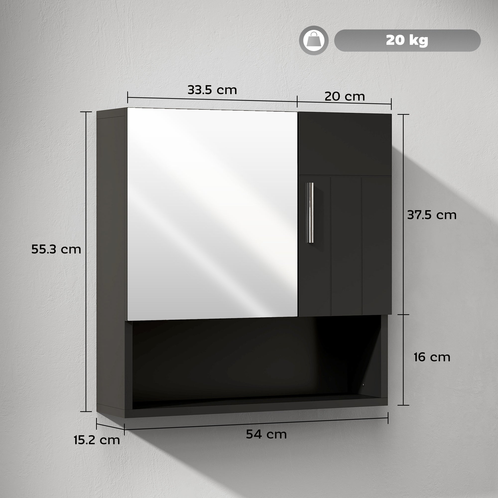 Armadietto a Specchio per Bagno 54x15,2x55,3 cm con Ripiano Aperto in Legno Nero