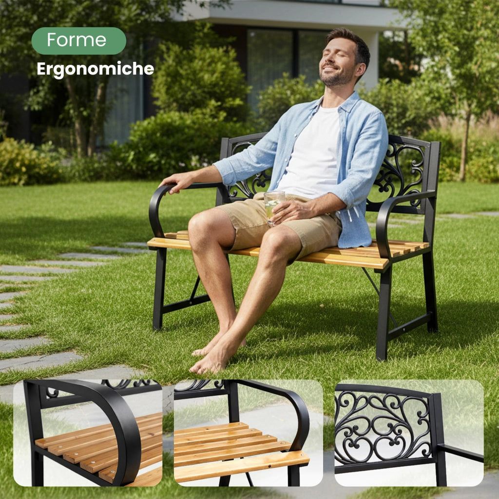 Panchina da giardino nera NERINA con legno laccato e gambe in ghisa larghezza 118 cm