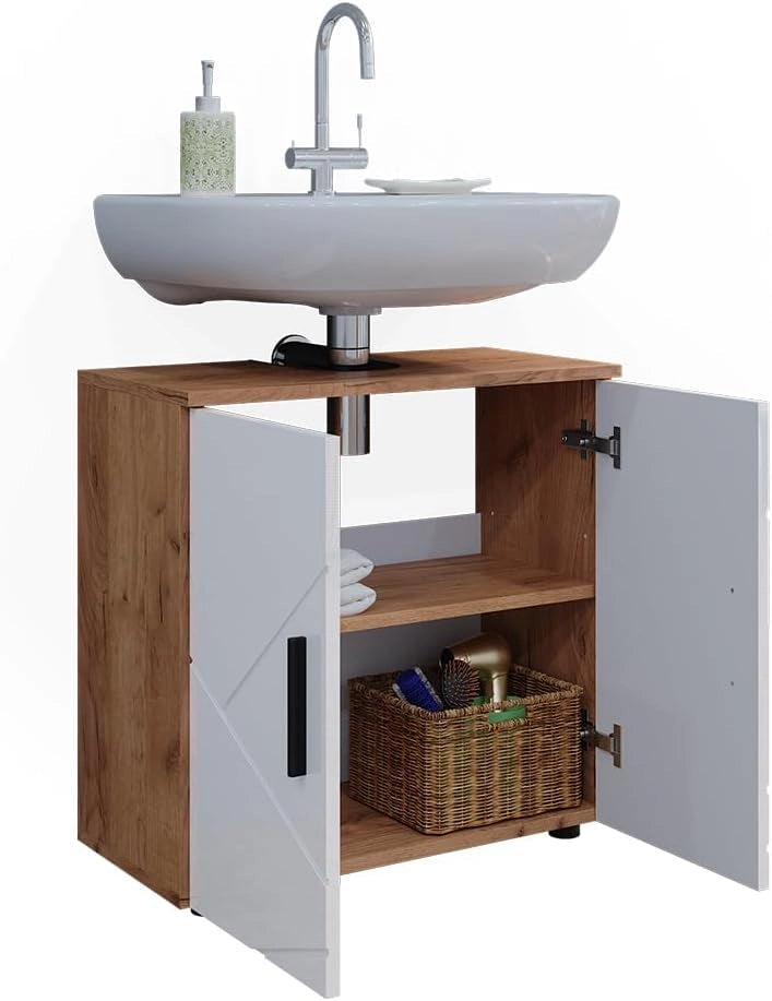 Mobile sottolavabo per bagno Irma, Bianco lucido/oro power oak, 60 x 59 cm, con ritaglio per sifone e ripiano interno per conservazione