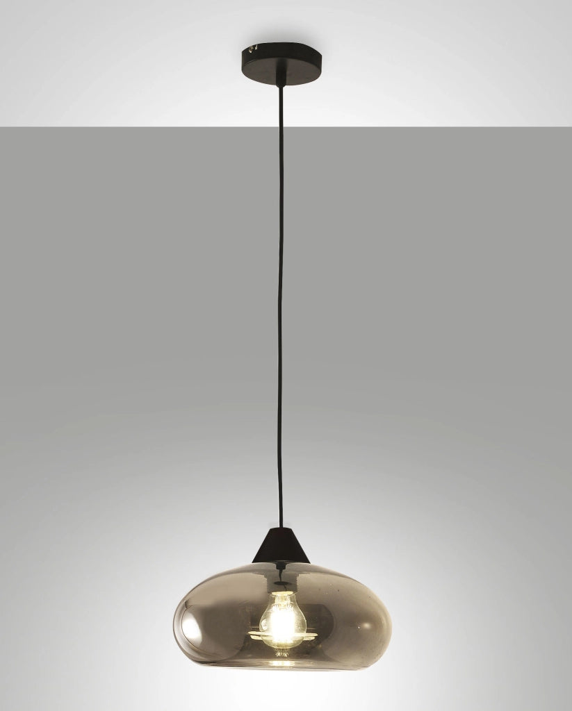 Lampada a Sospensione Ela 27cm in Metallo e Vetro Soffiato Fumé, attacco E27, design moderno ed elegante per illuminazione d'interni