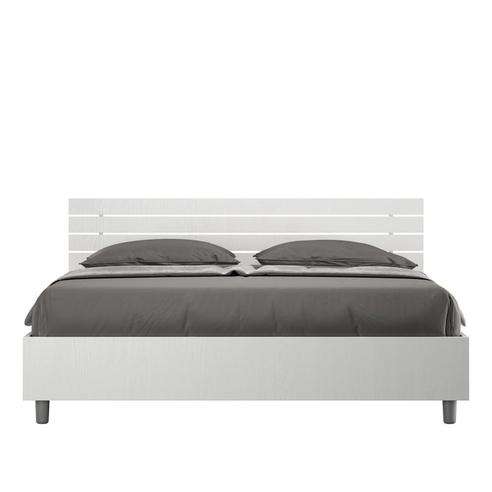 Letto Matrimoniale 160x190 cm con Rete e Contenitore Testata Doghe Inclinata Ankel Frassino Bianco