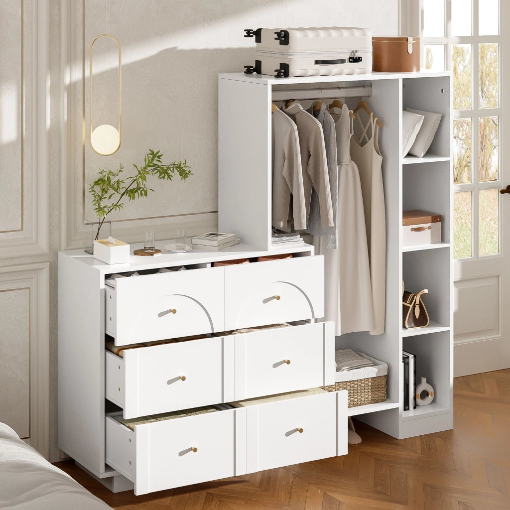 Armadio, mobile da ingresso, 6 cassetti, ripiani, 139 x 35 x 133 cm, bianco