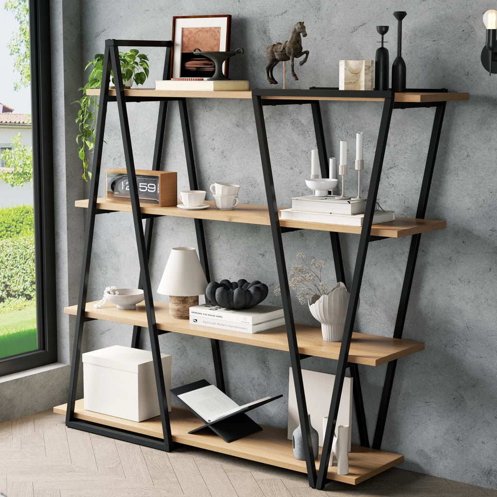 Libreria geometrica da terra 158×35×166 cm con struttura in metallo e ripiani in MDF 25 mm, colore nero/marrone