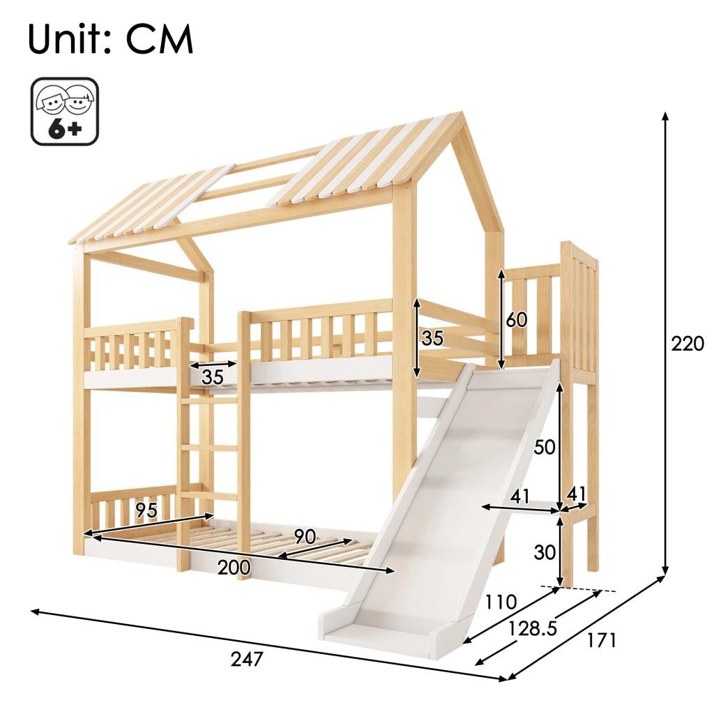 LETTO A CASTELLO 90x200 cm con tetto a capanna, bianco e naturale, con scaffale