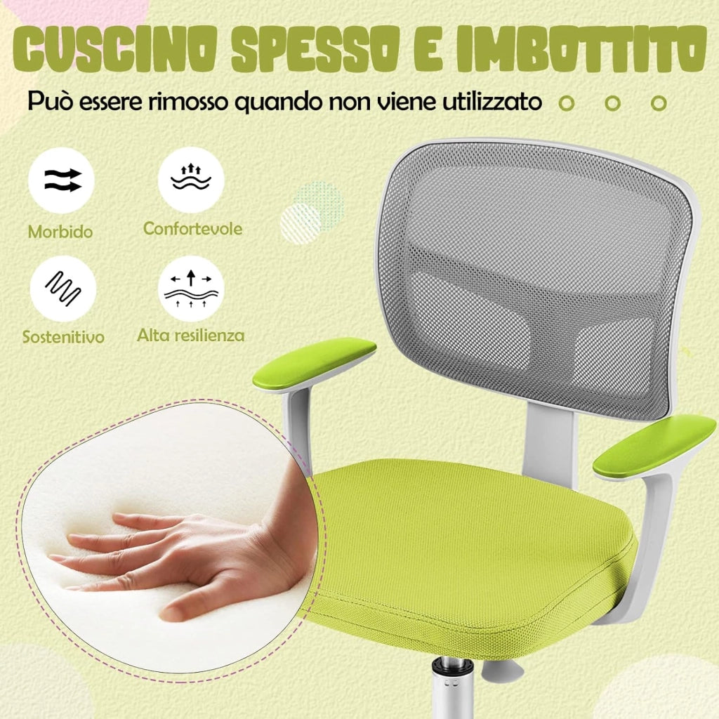 Sedia per Scrivania per Bambini, Sedia per Computer per Bambini con Altezza Regolabile, Ruote con Freni, Sedile Girevole a Rete, Sedia Ergonomica per Bambini 3-10 Anni (Verde)